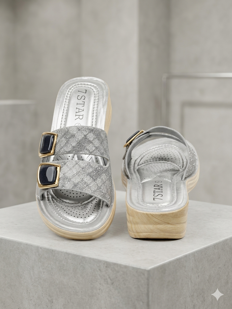 Women elegant silver double buckle platform slides.