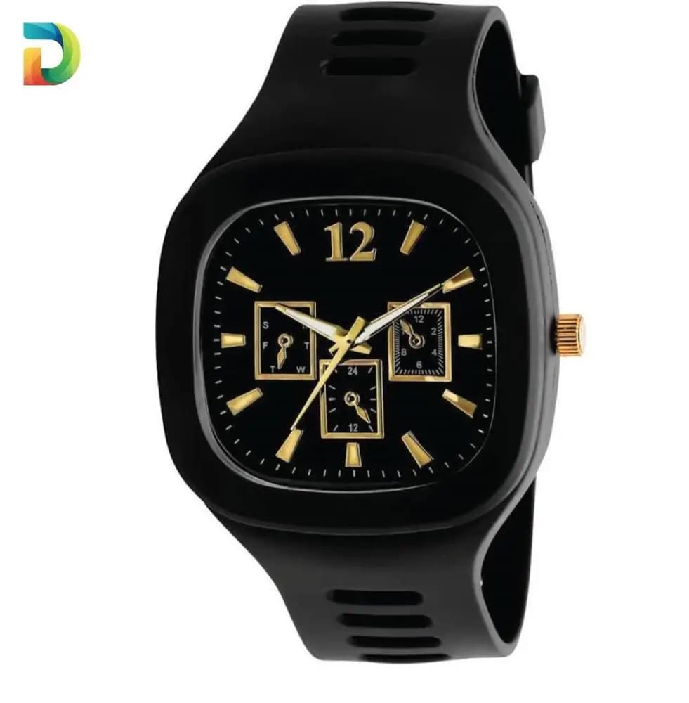 Men black silicone analogue watch with gold accents