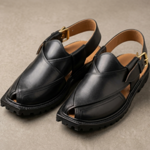 Peshawari premium black leather chappal.
