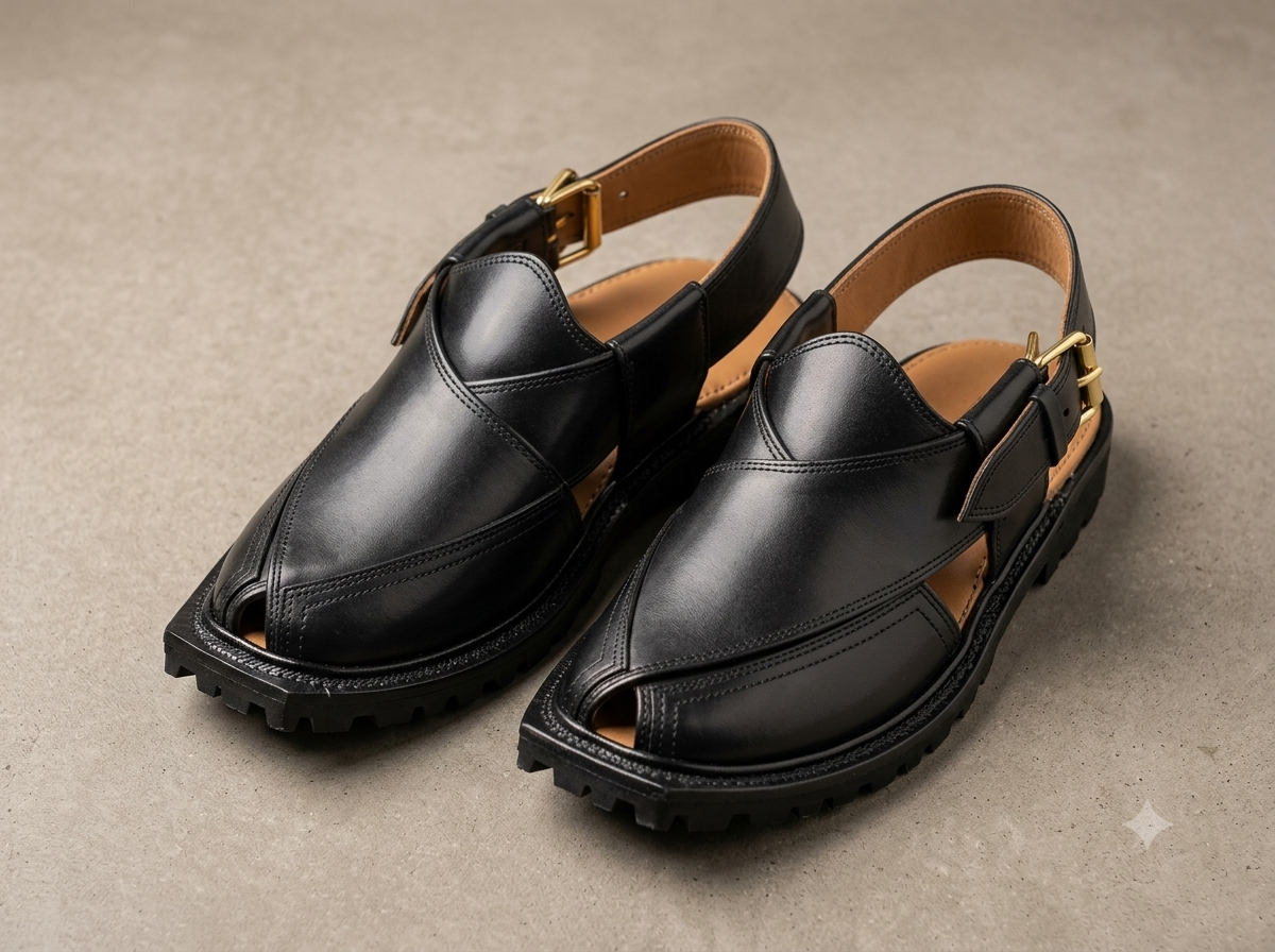 Peshawari premium black leather chappal.