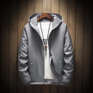 Men's stylish grey hooded windbreak jacket.