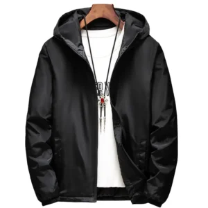 Men's stylish black hooded windbreak jacket.