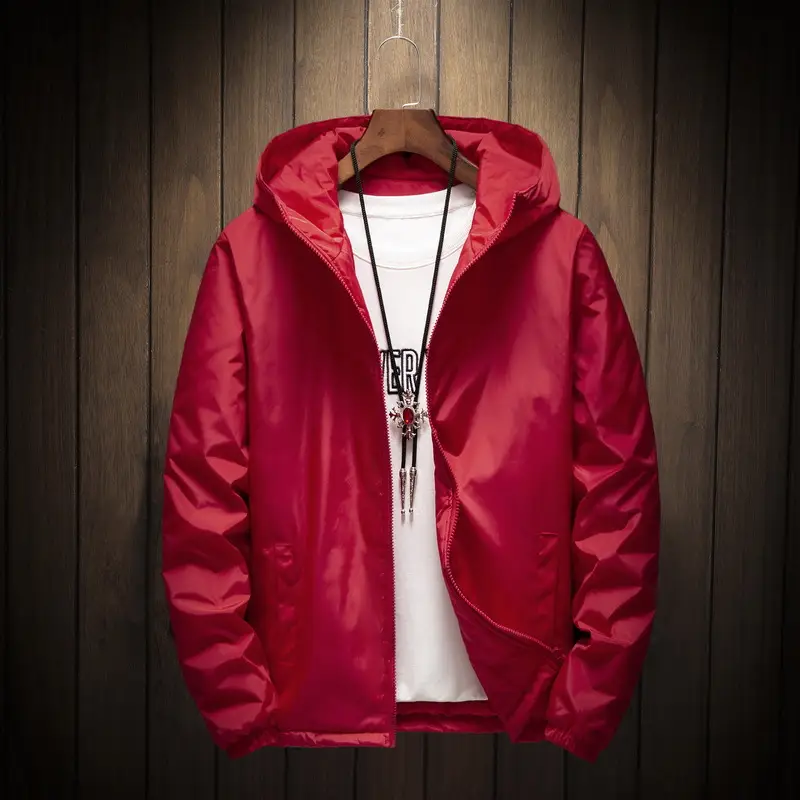 Men's stylish red hooded windbreak jacket.