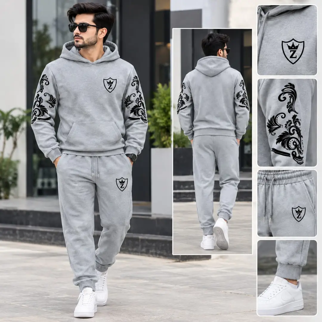 Men's 2 pic fleece printed hoodie track suit. - Image 2